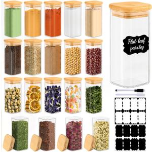 TBWIND 20 Pack 10 oz Square Glass Spice Jars with Lids and Labels Airtight Small Spice Containers Set, Clear Glass Storage Jars for Seasoning, Spices, Kitchen Pantry Organization