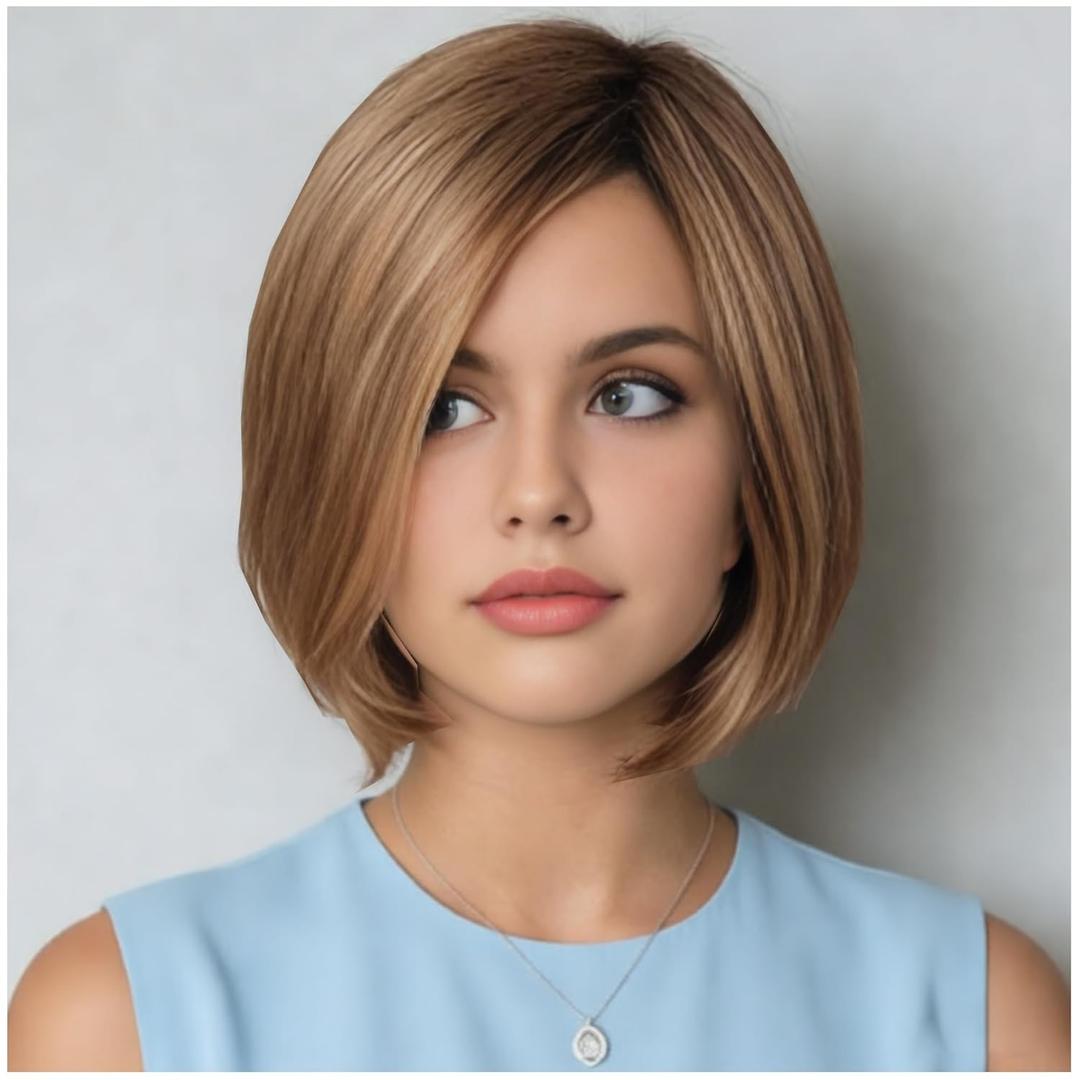 XIUFAXIRUSI XIUFAXIRUSI Short Brown Bob Wigs for Women Layered Straight Brown Mix Blonde Highlights Classic Short Hair Wig with Side Part Dark Root Natural Synthetic Wig