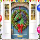 2 x BlissYard Christmas Door Cover 35x71 Inch Festive Horse Head Wreath Pine Cones Berries Holiday Banner Polyester Fabric Door Banner for Unique Home Entryway Equestrian Theme Decor Backdrop