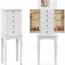 LDAILY Moccha Standing Jewelry Armoire Cabinet, Wooden Jewelry Storage Chest Box with Flip Up Mirror, 2 Side Doors with 8 Necklace Hooks, 4 Drawers, Jewelry Storage Organizer for Girls Women (White)