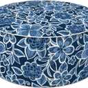 LVTXIII Indoor/Outdoor Inflatable Ottoman, D31 x H14 Inch Large Round Ottoman, All Weather Foot Rest Stool, Portable Footrest for Patio, Garden, Camping and Home - Flower Navy