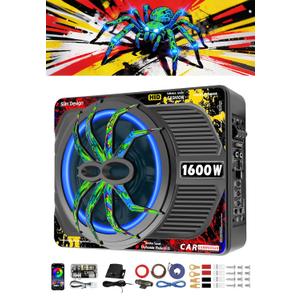 1600W Slim Underseat Car Subwoofer and Amp Package with RGB Beat-Synced Light, Individual Control for Low Pass/Gain/Boost Bass, Clean Loud Deep Bass Perfect for Truck/SUV/Jeep