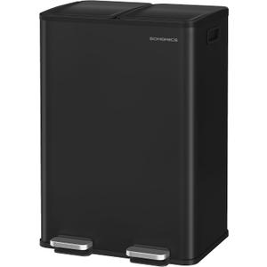SONGMICS Trash Can, 2 x 8 Gallon (2 x 30 L) Dual-Compartment Garbage Can with Soft-Close Lid, Pedal and Inner Buckets, Stainless Steel, Includes 15 Liner Bags, Ink Black ULTB741B01