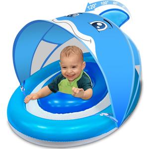 Dolphin Baby Float with Canopy for Age 6-36 Months UPF 50+ Sun Protection Never Flip Over Dual Air Chambers Adjustable Safety Seat 4 Stage Adjustable Canopy Inflatable Swim Pool Float Toddler Infant, Blue