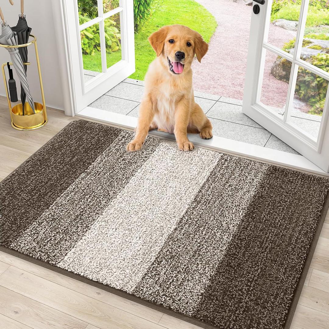 Smiry Dog Door Mat for Muddy Paws, Absorbs Moisture and Dirt, Low-Profile Entryway Mat with Non-Slip Backing, Entry Indoor Outdoor Doormat for Inside Floor (30x20 Inches, Light Brown, Striped)
