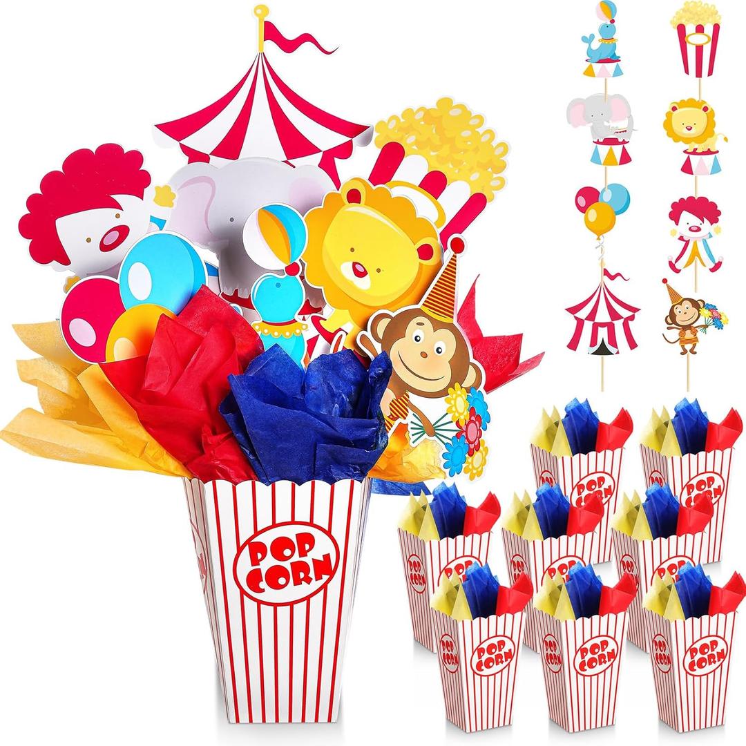 6 Sets Circus Carnival Party Centerpieces Decorations Circus Theme Table Toppers with Popcorn Box Circus Carnival Cutouts and Sticks for Carnival Party Birthday Decor Supplies