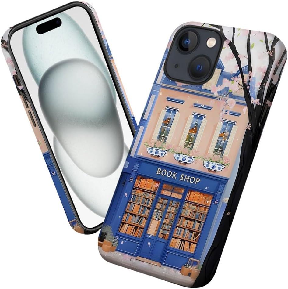 Case for iPhone 15,Bookish Watercolor Bookshop Floral Phone Case Military-Grade Drop Protection Cover for Women Girl - Frosted