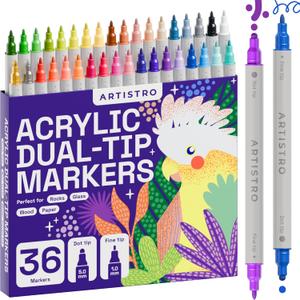 ARTISTRO 36 Dual Tip Acrylic Paint Markers, Acrylic Paint Pens, Fabric Markers for Textile, Rock, Glass, Wood, Paper, Ceramic, Canvas DIY Art Supplies Kit for Kids and Adults (Dual Tip Dot + Fine, 36)