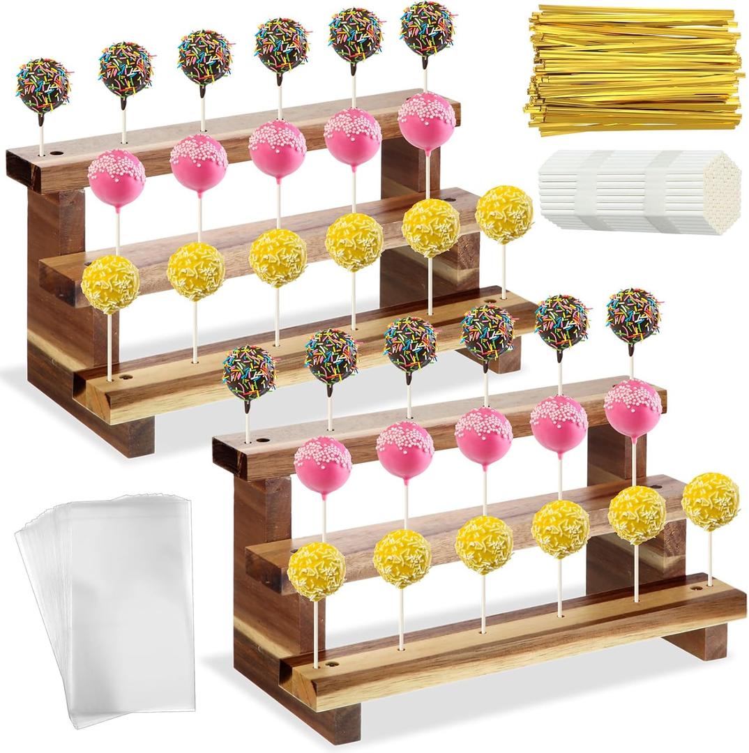2 Pack Wood Cake Pop Stands Sucker Display 3 Tier Lollipop Holders with 100 Treats Bags 100 Lollipop Sticks 100 Gold Twist Ties for Dessert Table of Wedding Baby Shower Birthday Party (Acacia Wood)