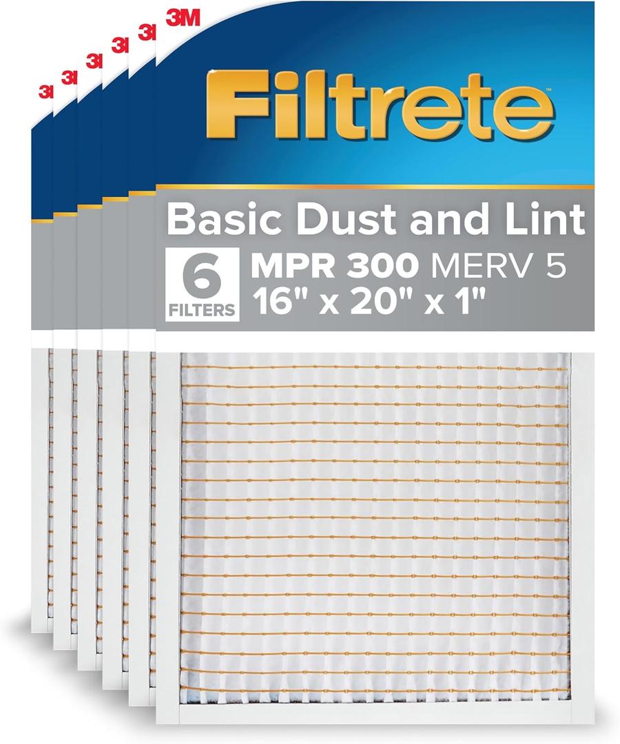 Filtrete 16x20x1 AC Furnace Air Filter, MERV 5, MPR 300, Capture Unwanted Particles, 3-Month Pleated 1-Inch Electrostatic Air Cleaning Filter, 6-Pack (Actual Size15.69x19.69x0.81 in)