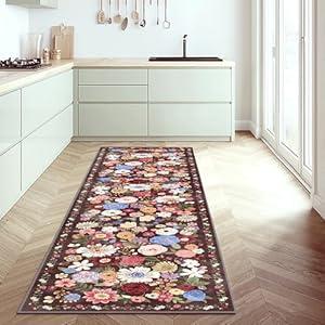 Area Rugs, Door Mat Indoor Entrance, 2x8 Washable Runner Rug Non Slip Soft Floral Carpet Runner for Hallways Kitchen Laundry Bedroom Bathroom(2 x 8, Black Garden)