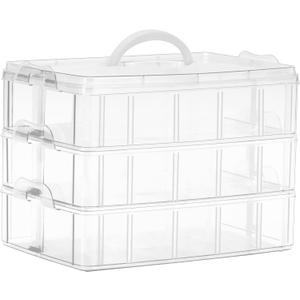 Sooyee 3-Tier Stackable Craft Organizers and Storage Box Plastic with 30 Compartments for Bead, Toys,Dolls, Arts and Craft, Washi Tape, Rock Collection, Ribbons,Clear