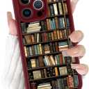 Bookshelf Phone Case for iPhone 16 Pro Max Burgundy Wine Red Vintage Bookcase Style Case 6.9", Cute Aesthetic Fall Autumn Pattern Design Girly Women Cover Shockproof Soft TPU Protective Funda