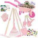 Kids Gardening Set with Wheelbarrow, Real Metal Garden Tools for Kids Ages 3-8, 4 Long Handle Tools, 3 Hand Tool, Gloves, 5 Stickers, Handbook, Outdoor Backyard Toys for Toddler Gift (Pink)