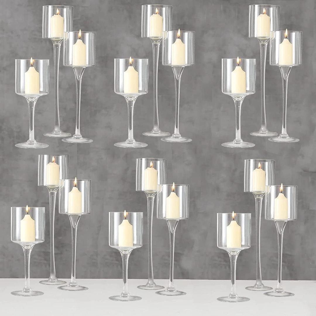 Hurricane Candle Holder Glass Candleholders Holders Votive Long Stem Tealight Tall High Tea Light Elegant Transparent Ideal Dining Wedding Party Home Decoration Gifts (Large 6 Sets)