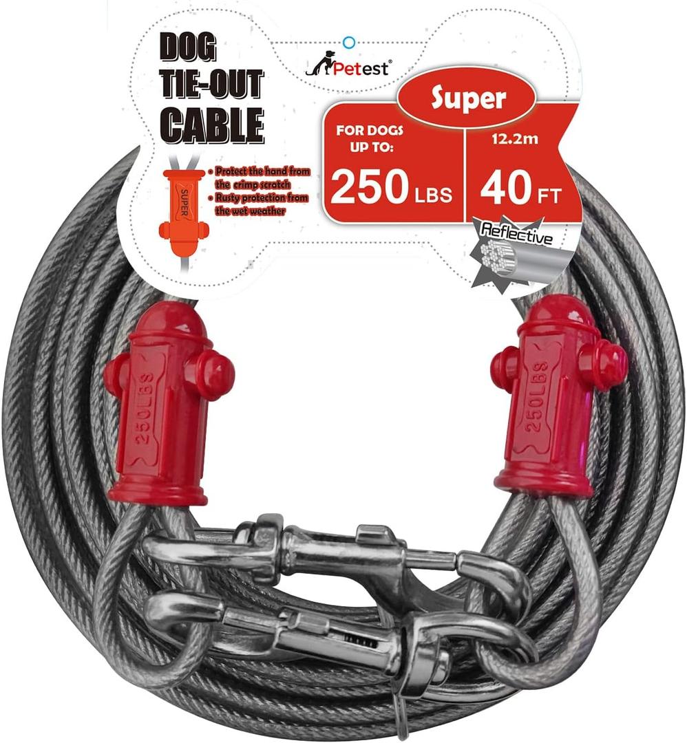 Petest Reflective Tie Out Cable with Crimp Cover for Super Dogs Up to 250 Pounds, 40 Feet