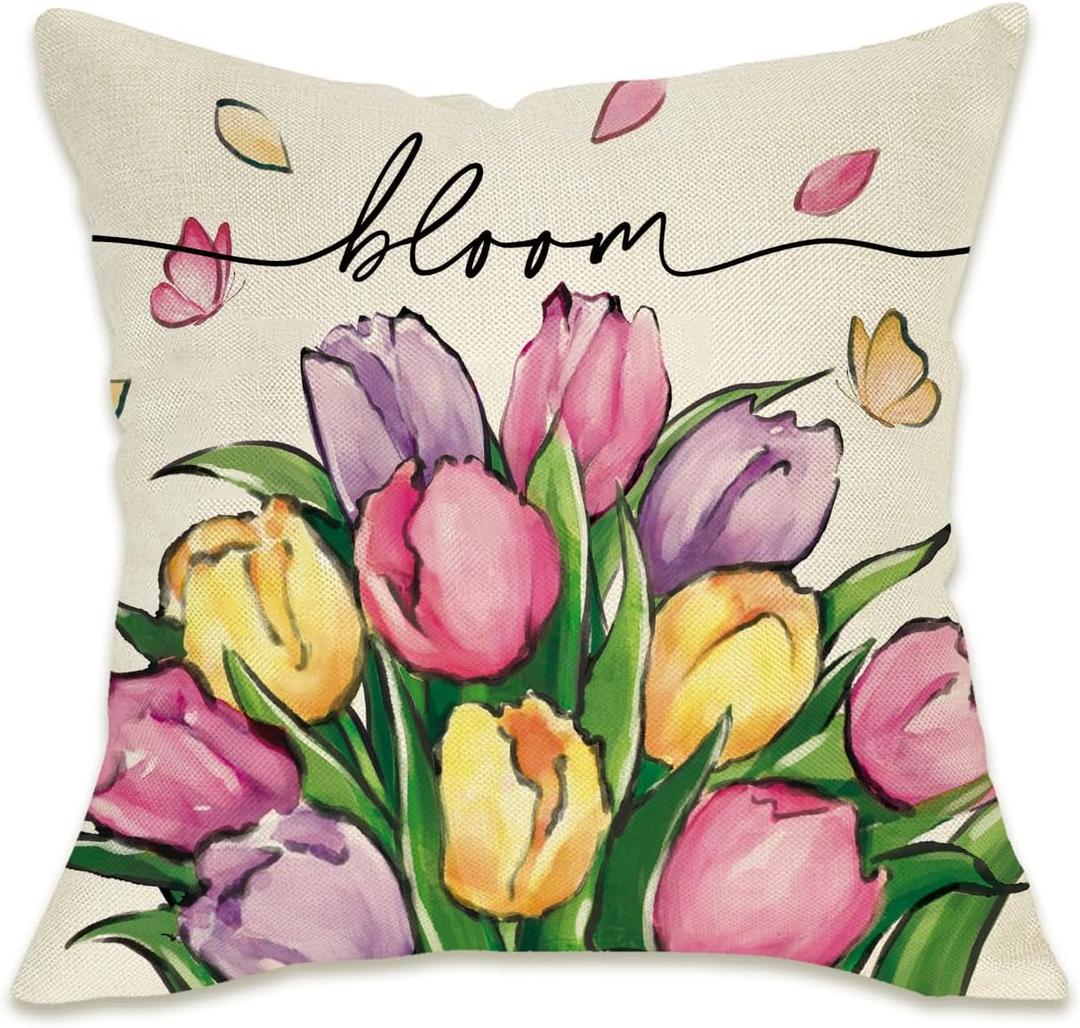 Fahrendom Spring Summer Tulip Flower Decorative Throw Pillow Cover 20 x 20, Bloom Floral Petal Porch Patio Outdoor Pillowcase, Seasonal Sofa Couch Cushion Case Home Decor