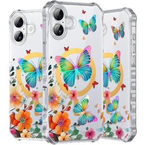 PIXIU Case for iPhone 16 Compatible with Magsafe, Laser Glossy Pattern,Cute Curly Wave Clear TPU Bumper Military Grade Drop tection Phone Cover for Women/Girls -Butterfly/Floral
