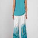 2 Piece Sets for Women Sleeveless Leaf Graphics Vest Top and Solid Color Wide Leg Long Pants Travel Outfits Lounge Set (Blue, XXL)