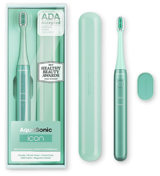 Aquasonic Icon ADAAccepted Rechargeable Toothbrush | Magnetic Holder & Slim Travel Case |  Modes & Smart Timers | Gentle MicroVibrations (Mint)