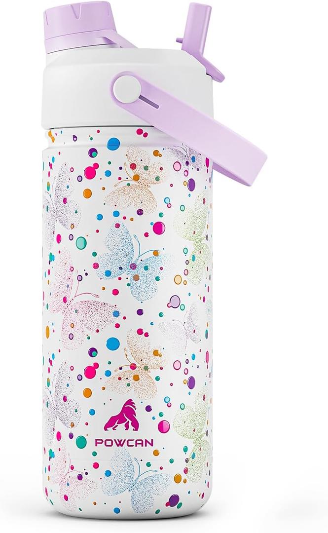 18 oz Kids Insulated Water Bottle: BPA-Free, Easy Clean, Keep Cold 24H, Leakproof, Stainless Steel Cup, Unique Patterns, Dual-Function Lid for School, Travel, Party, Playtime, Gift (Dotty Butterfly)