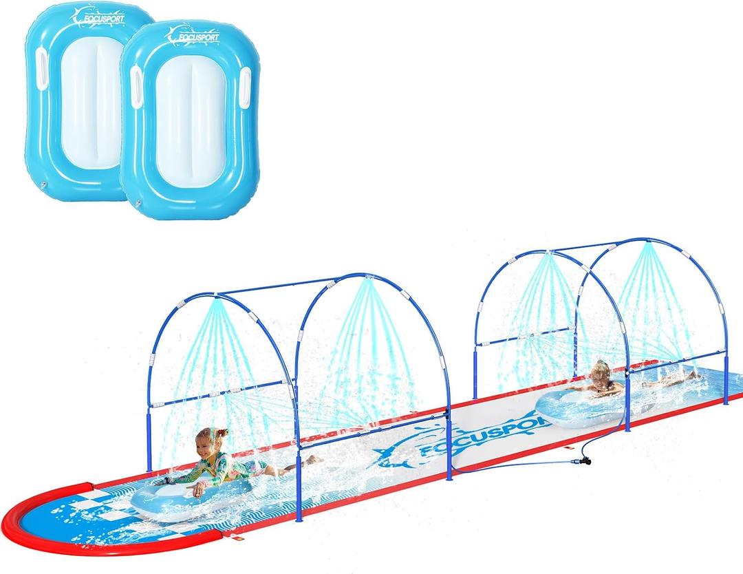 23FT Lawn Water Slide with Dual Metal Frame & Independent Sprinkler System, Water Slide for Kids Backyard, Includes 2 Bodyboards, 6 Stakes, Air Pump, Outdoor Water Toy Summer Lawn Games