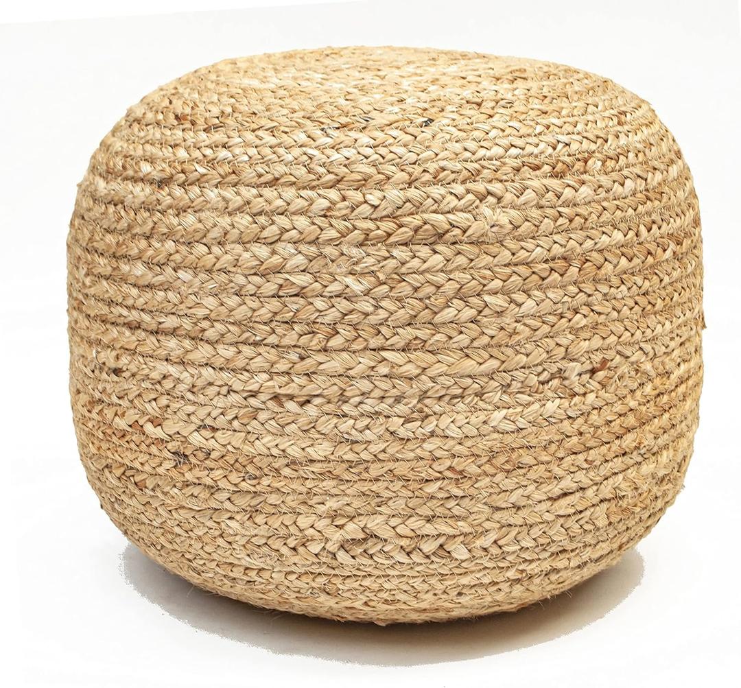 Chardin home- Natural Braided Ottoman Pouf - Cozy & Bohemian Jute/Hemp Hand Crafted Casual Seating for Home, Office, Bedroom, 18"x18"x14". (Golden Brown)