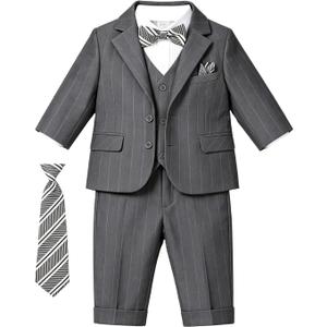 Baby Boy Suits Formal Stripe Gentleman Tuxedo Suit Set Complete Dress Clothes Toddler Wedding Ring Bearer Outfit (Gray), Size 4