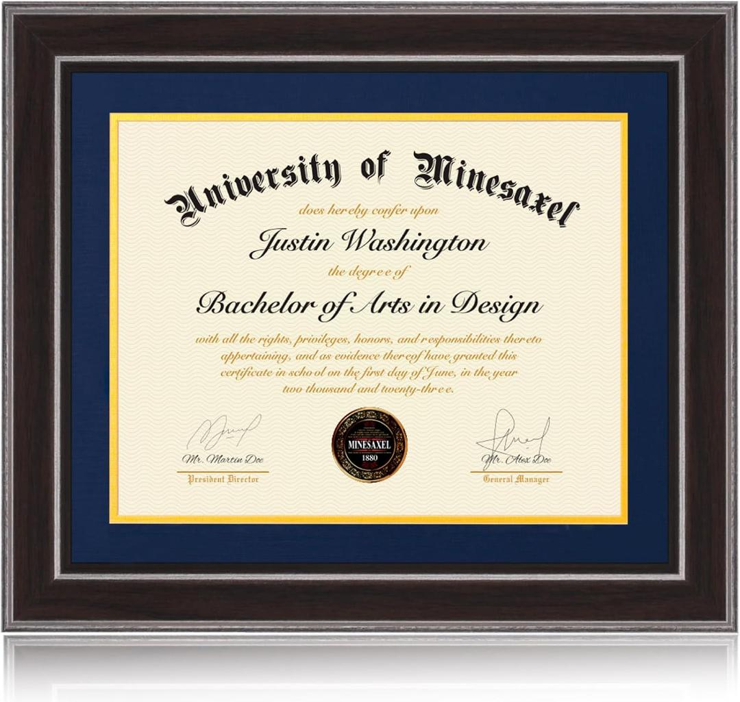 14x17 Diploma Frames 11x14 with Blue Mat - Walnut Wood Finish | Shatter-Resistant Glass | for Wall Mounting | Gift for Graduations & Professional Certificate (1 Pack)