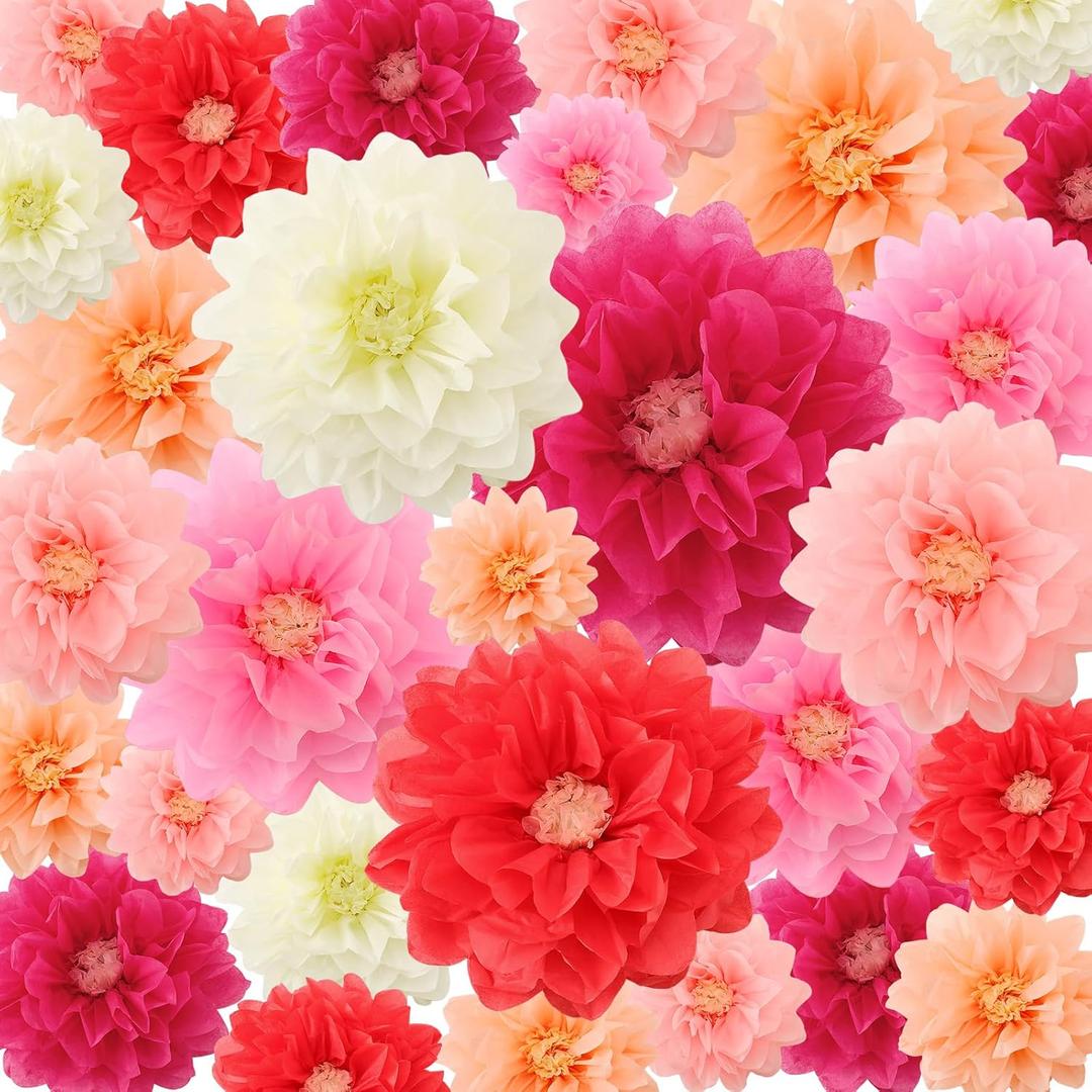 Geyee 18 Pcs Mexican Paper Flowers Colorful Fiesta Tissue Paper Flowers Pom Poms Mexican Carnival for Floral Party Backdrop Wedding Birthday Party Craft, 6" 8" 10"(Pink Series)