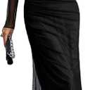 Women's Long Sleeves Maxi Bodycon Dress Tie Dye Ruched Mesh Layer Prom Formal Wedding Elegant Dresses (Black, XXL)