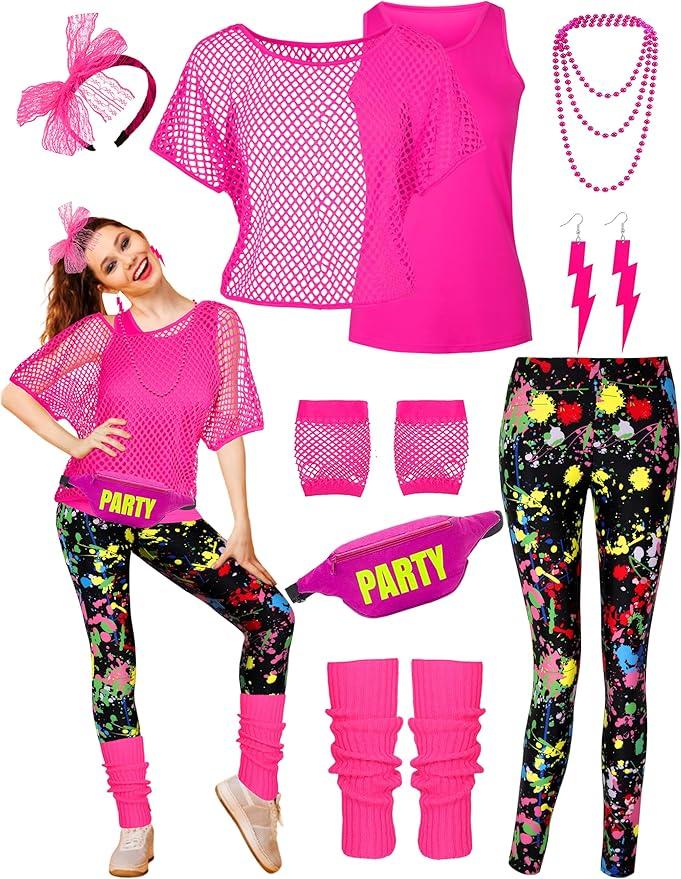 CICOCI 80s 90s Outfit For Women Neno Party Fishnet Top1980s Costume with 80s Accessories Set Retro Party Leg Warmers Headband XXXl
