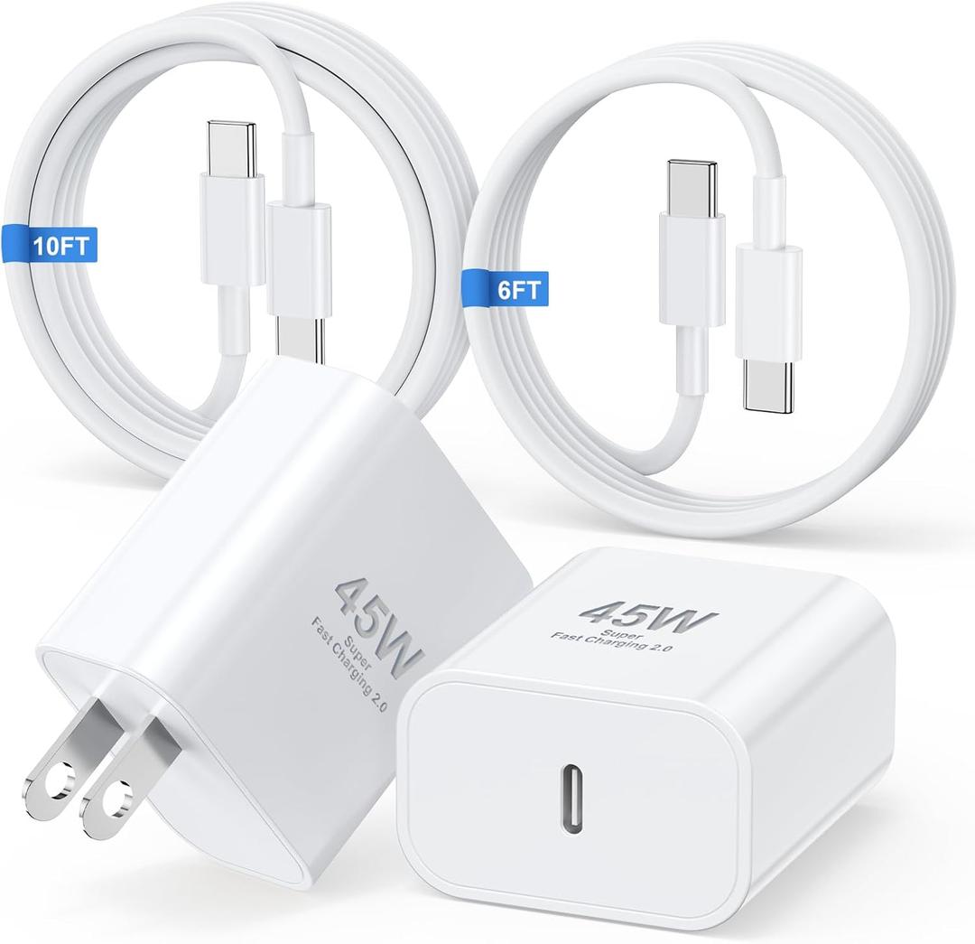 45W Super Fast Charger USBC for iPhone 16/15 (Pro/Pro Max/Plus/16e), 6+10FT Type C Fast Charging Cable Cord &Android Charger Block for Samsung Galaxy S24 S23 S22 S21 Ultra/+,Tab S10 S9 S8,iPad Pro/Air (White)