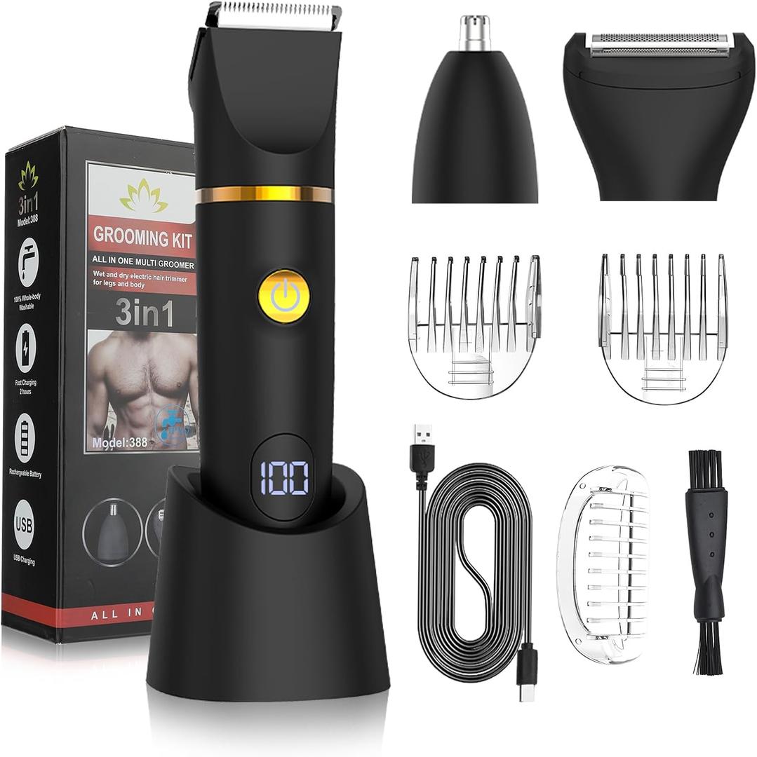 Manscape Body Trimmer for Men, 3 in 1 Men's Grooming Kit with Pubic/Nose Hair Trimmer & Ball Shaver for Nose/Balls/Groin/Legs/Chest Hair Removal, LED Display, IPX6 Waterproof, Gifts for Him Dad (Black)