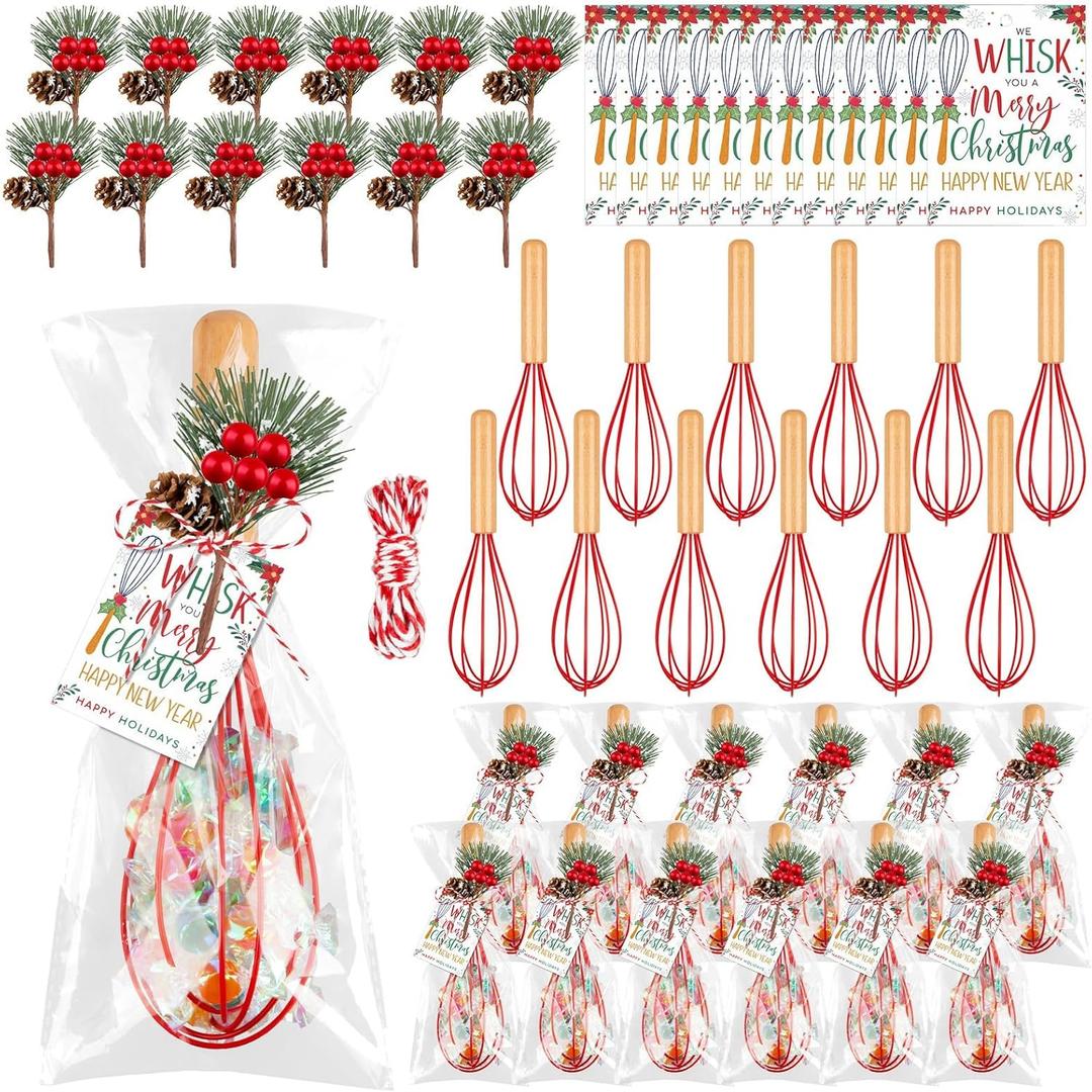 12 Sets Christmas Whisks Gifts Semi Automatic Whisk Gift Set Include Bulk Egg Beater Mini Pine Needle Cotton Rope Opp Bags for Christmas Stocking Ideas Party Supplies