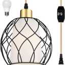 Plug in Pendant Light, Black Farmhouse Hanging Lights with Linen Shade, 15ft Golden Cotton Cord, Industrail Ceiling Lamp with Dimmable Switch, for Kitchen Island Living Room (Bulb Included)