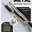Metal Mechanical Pencil Set - 6PCS 0.7mm Art Mechanical Pencils & 360PCS HB Lead Refills & 3PCS Erasers & 9PCS Eraser Refills, Drawing Mechanical Pencils for Writing, Sketching/With Case (6 Count (Pack of 1))