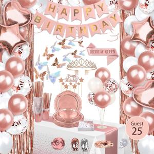UJoyant 236 Pcs Birthday Decorations For Women, Rose Gold Party Decorations Kit For Girls Or Women - Butterfly, Hanging Swirl, Balloon Stand, Sash, Tiara, Banner, Balloon, Tableware For 25 Guest