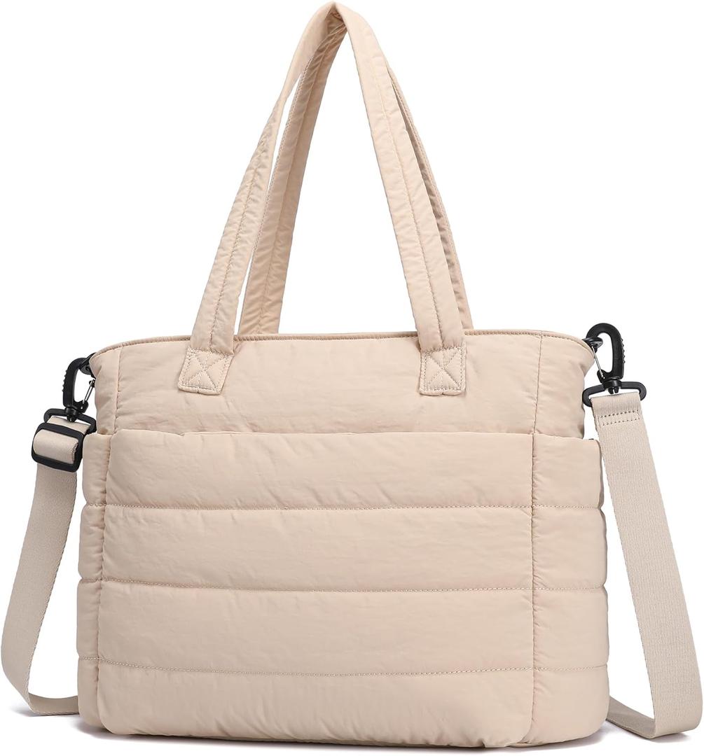 AOCINA Puffer Tote Bag for Women Quilted Work Bag Nurse Bags Women's Shoulder Handbags for Travel Gym (Medium, Apricot)
