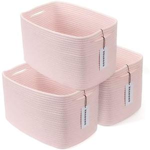 XUANGUO Cotton Rope storage Basket Bins Woven Basket for Organizing Shelves Rectangle Decorative Baskets For storage Clothes Toys Books Towels Square Wicker Nursery basket organizer 3 pack light pink