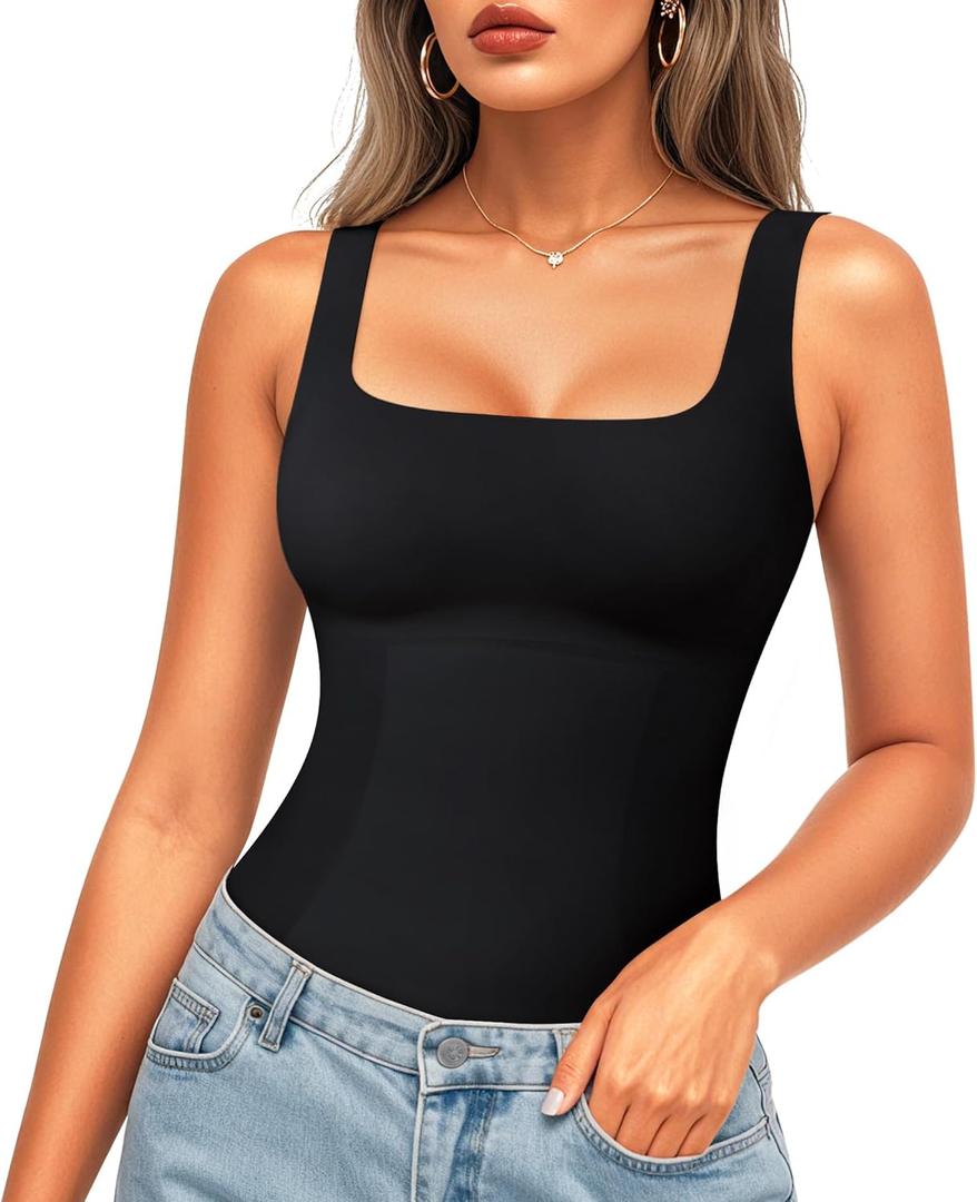LODAY Compression Tank Tops for Women Shapewear Tummy Control Body Shaper Square Neck Camisole Tops (Small, Black)