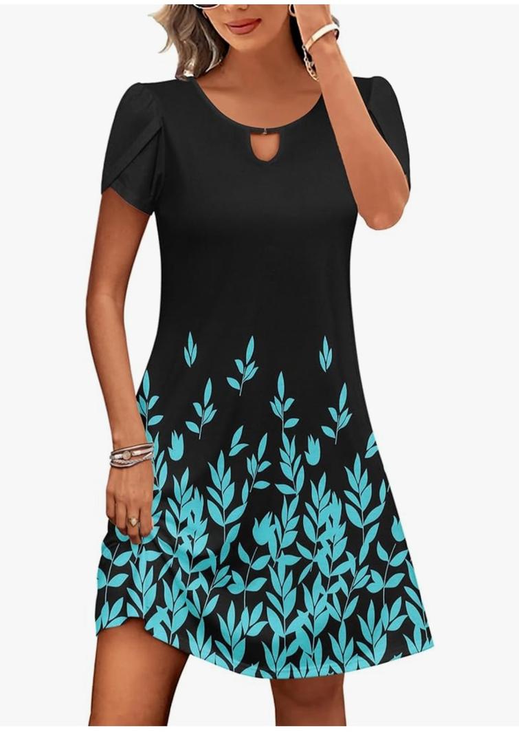 HOTOUCH Women's Casual A-Line Dress with Pockets Summer Beach Floral Tshirt Dress Short Sleeve Mini Dress Flowy Sundresses, M