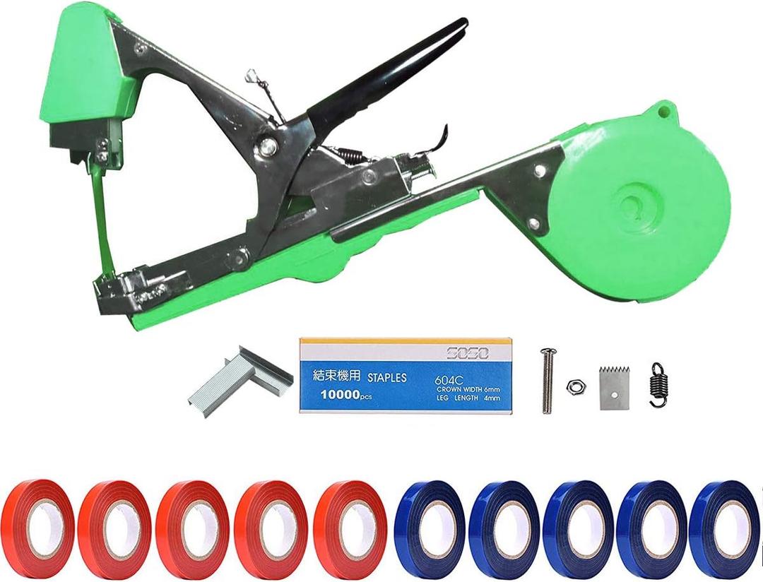Plant Tying Machine, Gardening Tapetool with 10 Rolls of Tape and 1 Box of Staple for Vegetable, Grape, Tomato, Cucumber, Pepper and Flower (Green)
