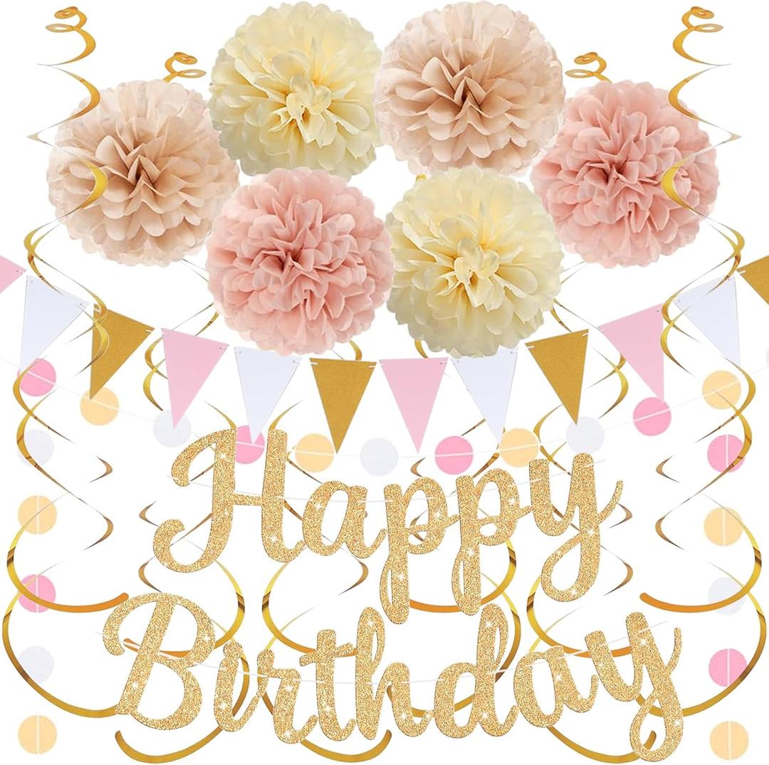 Gold Birthday Decorations, Happy Birthday Banner and Paper Pompoms, Hanging Swirls, Circle Dots Garland, Pennant Flags for Girls Women Party Decorations