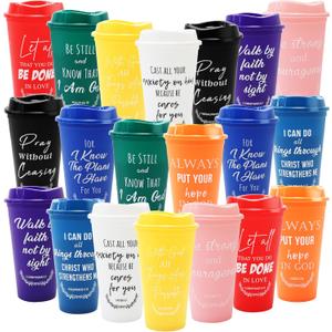 20 Pack Christian Gift Bulk Reusable Christian Coffee Mugs 16 oz Colorful Bible Verse Plastic Tumblers with Lids Travel Coffee Cup for Cold Drinks Bulk Religious Gifts for Men Women (colorful)
