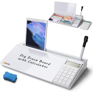 SELEAD Desktop Glass Whiteboard with Calculator, Organizer, Markers, Eraser, Holder - Small Dry Erase White Board Computer Pad Keyboard Stand Desk Drawer Accessories for Home, School, Office