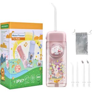 Kids Water Flosser,3 Modes Cordless Portable Water Teeth Cleaner,4 Replaceable Nozzles,IPX7 Waterproof Oral Irrigator Rechargeable,Professional Flossing Cleaning Picks for Home Travel (Pink)