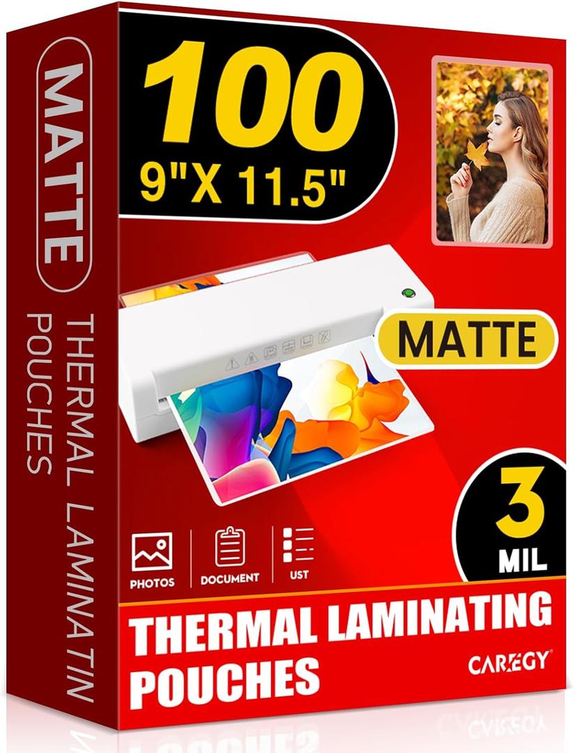 CAREGY Matte Laminating Sheets,100 Pack 9 x 11.5 Inches,3 Mil Thick,Ultra Clear with Matte Finish, Fitted for Letter Size Thermal Laminating Pouches 8.5 x 11