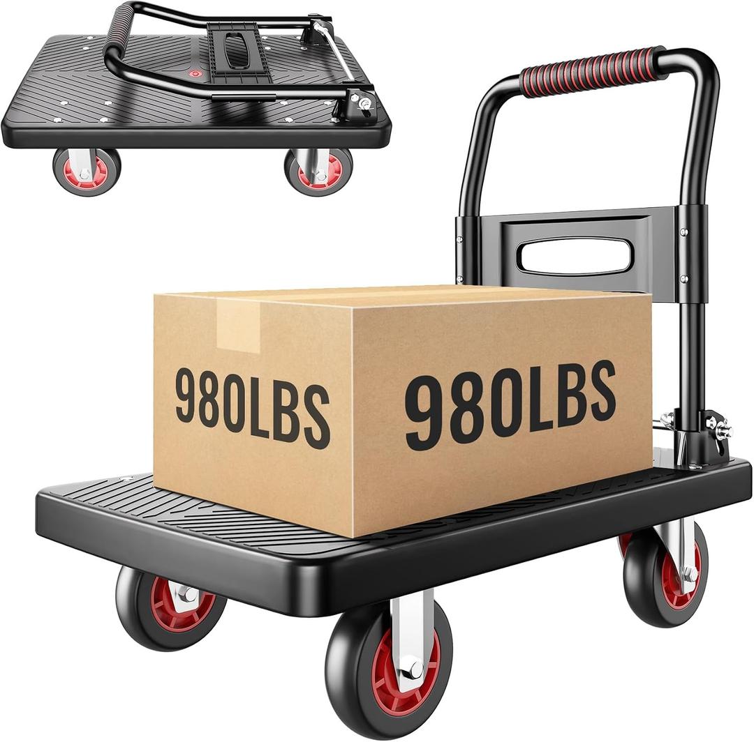 Upgraded Foldable Push Cart Dolly | 980 lbs. Capacity Moving Platform Hand Truck | Heavy Duty Space Saving Collapsible | 5 TPR 360-Degree Silent Wheels | 2 Swivel Wheels and 2 Rigid Wheels