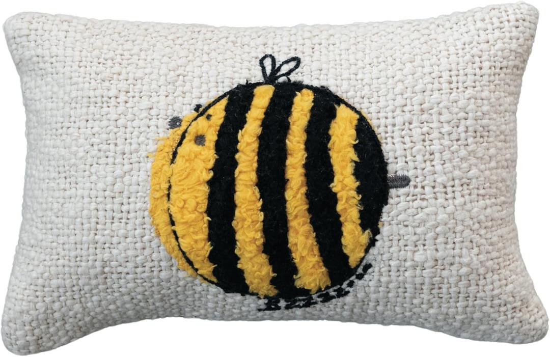 Creative Co-Op Woven Cotton Lumbar Pillow with Embroidered Bee Design, White and Yellow